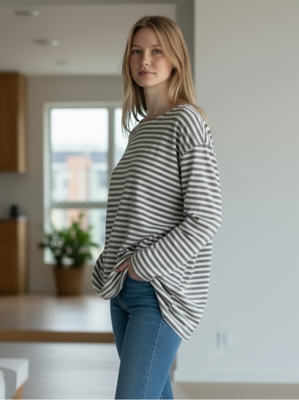 Eileen Fisher Black and White Striped Tee Large